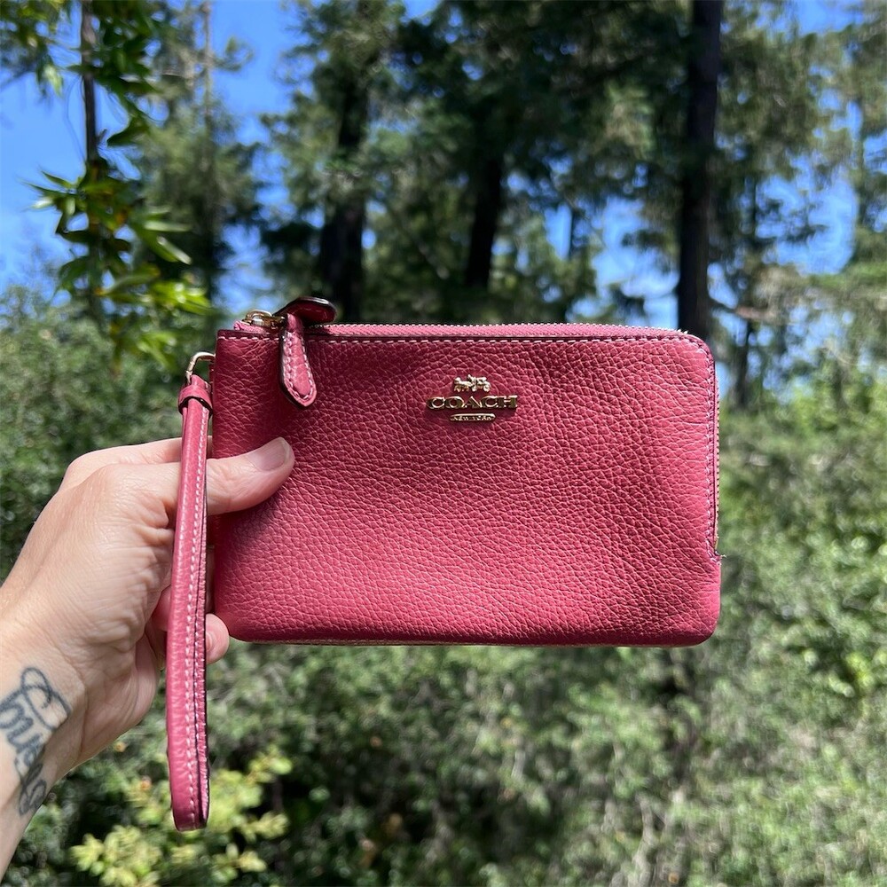 COACH Pink Pebbled Leather Wristlet Wallet Double Zip Gold Hardware AUTHENTIC